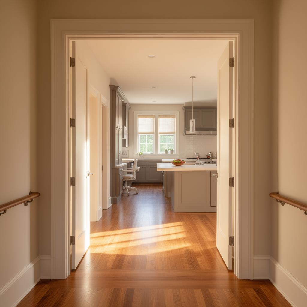 A widened doorway leading into an accessible kitchen.