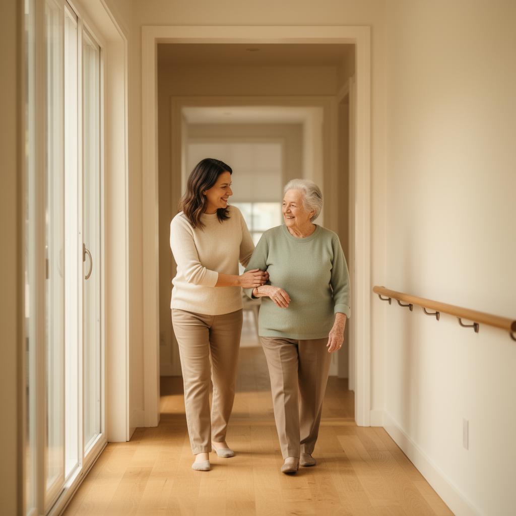 An adult daughter walking with her aging mother through a bright, accessible home with a wall-mounted handrail — the kind of warm, livable space that makes aging in place possible.